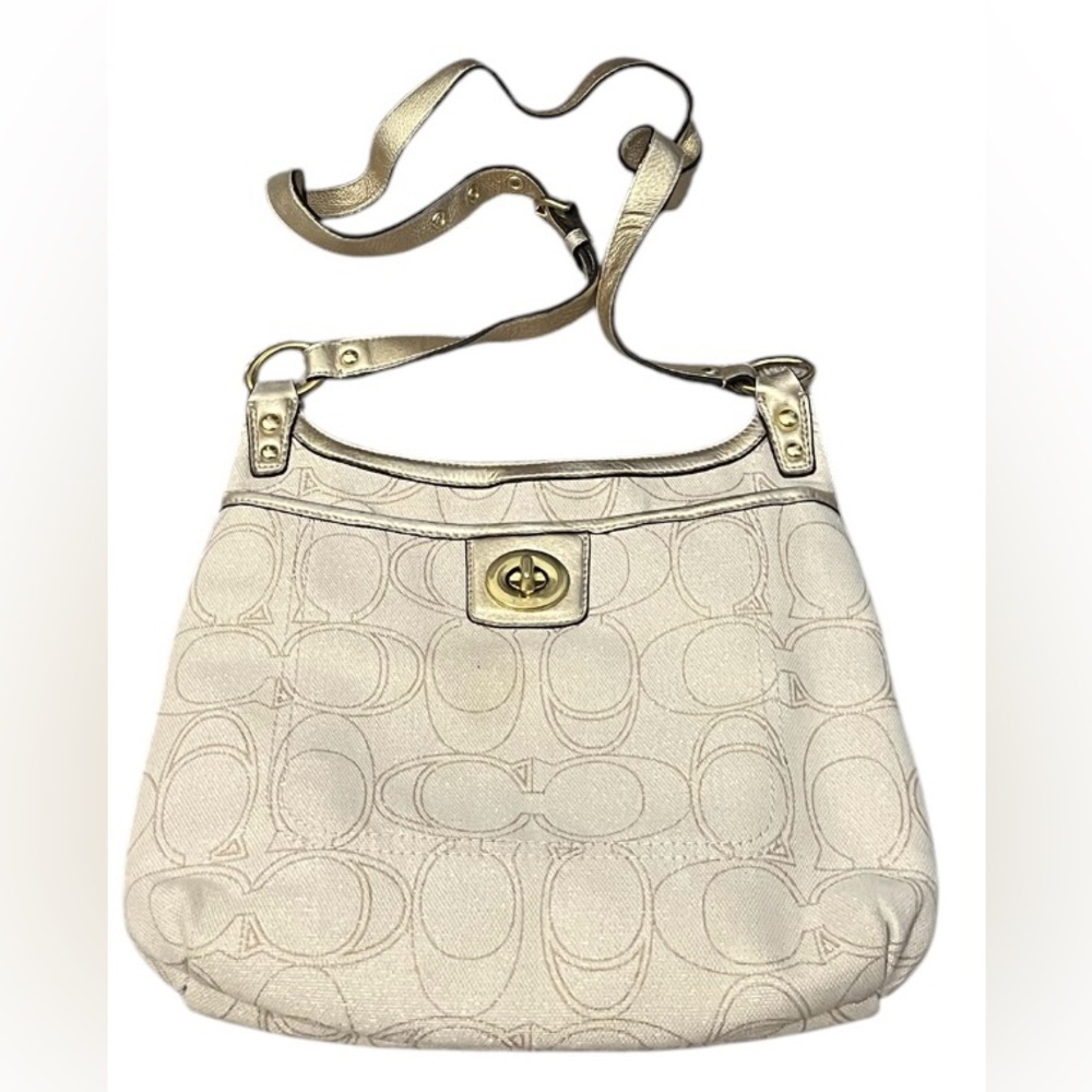 Coach F19260 Penelope Women’s linen canvas crossbody with gold sparkle leather